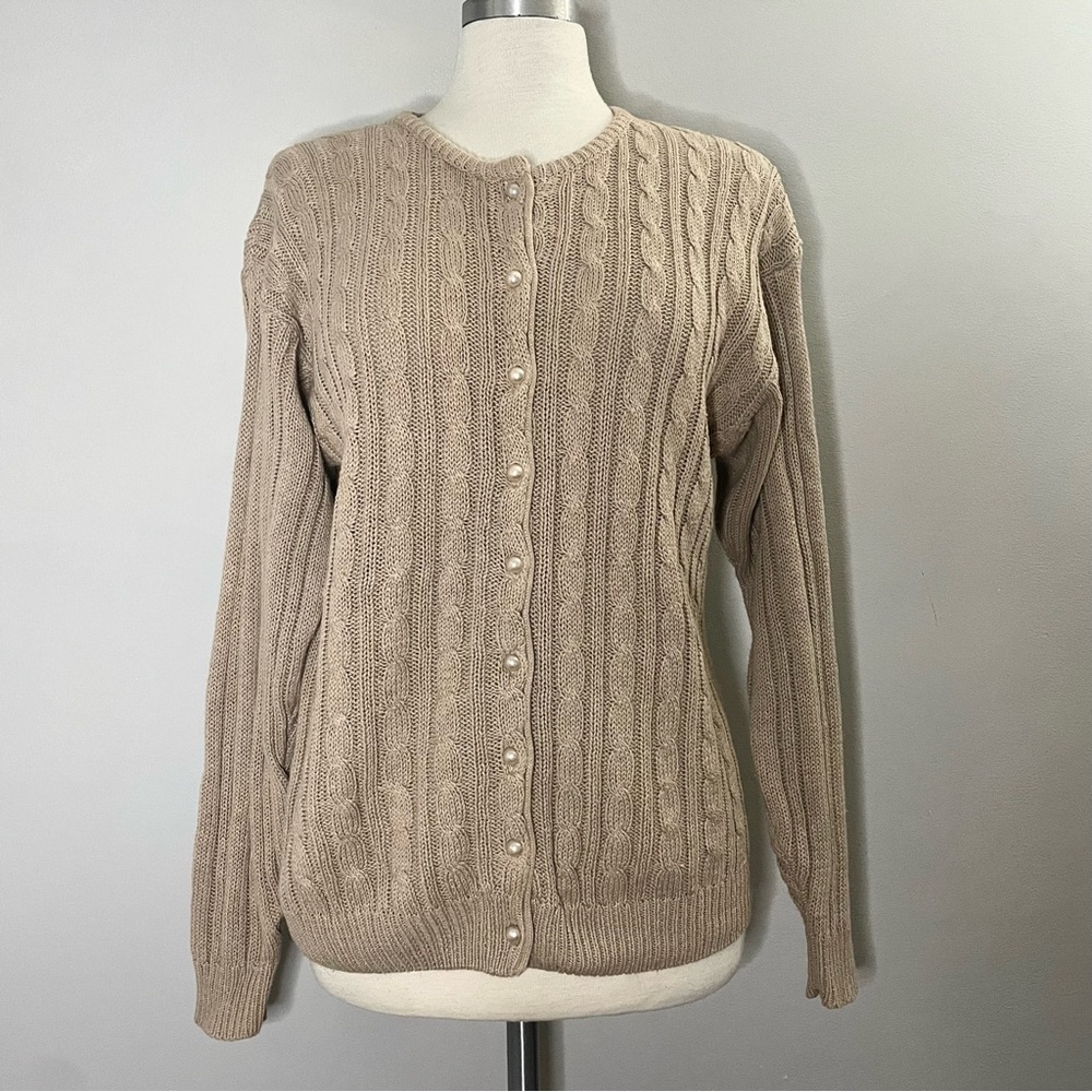 Carolyn Taylor for By Design Faux Pearl Button Down Cable Knit Cardigan Sweater